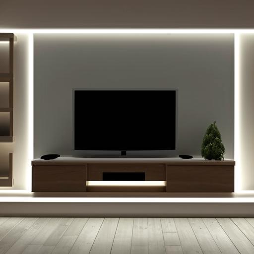 A stylish and modern television showcase integrated into a 6x6 wall. Should include shelving and lighting features