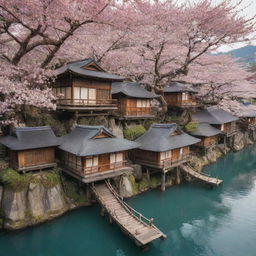 A breathtaking Japanese village suspended on floating islands in the sky. Traditional houses, cherry blossom trees, and wooden bridges dangle in the air, creating a magical and serene celestial village.