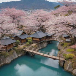 A breathtaking Japanese village suspended on floating islands in the sky. Traditional houses, cherry blossom trees, and wooden bridges dangle in the air, creating a magical and serene celestial village.