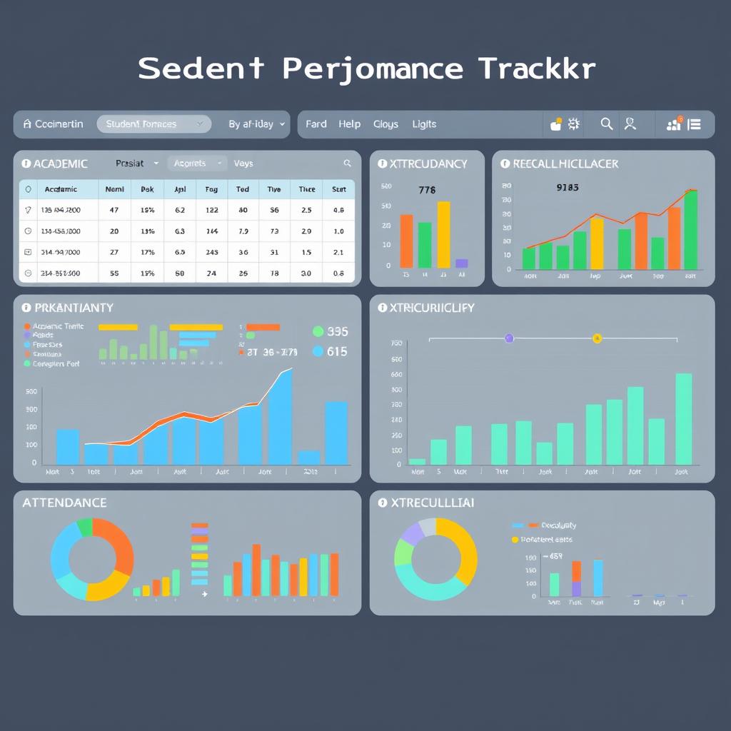 A detailed and colorful student performance tracker, featuring various charts and graphs to display academic progress, attendance, and extracurricular activities