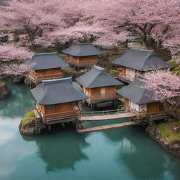 A breathtaking Japanese village suspended on floating islands in the sky. Traditional houses, cherry blossom trees, and wooden bridges dangle in the air, creating a magical and serene celestial village.