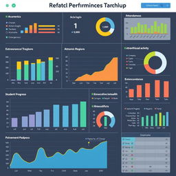 A detailed and colorful student performance tracker, featuring various charts and graphs to display academic progress, attendance, and extracurricular activities