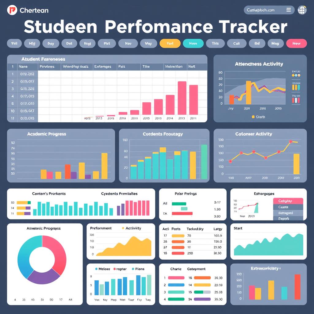 A detailed and colorful student performance tracker, featuring various charts and graphs to display academic progress, attendance, and extracurricular activities