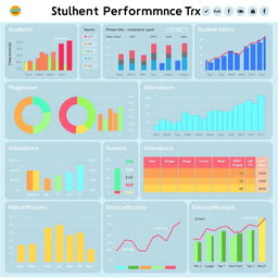 A detailed and colorful student performance tracker, featuring various charts and graphs to display academic progress, attendance, and extracurricular activities