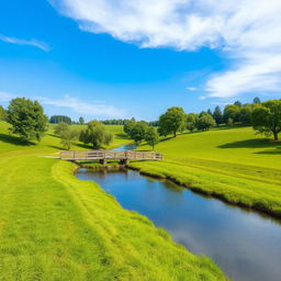 Create an image of a serene landscape featuring a clear blue sky, lush green fields, and a calm river flowing through the middle