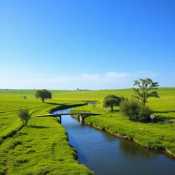 Create an image of a serene landscape featuring a clear blue sky, lush green fields, and a calm river flowing through the middle