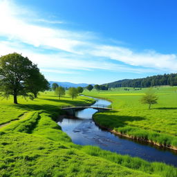 Create an image of a serene landscape featuring a clear blue sky, lush green fields, and a calm river flowing through the middle