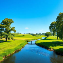 Create an image of a serene landscape featuring a clear blue sky, lush green fields, and a calm river flowing through the middle