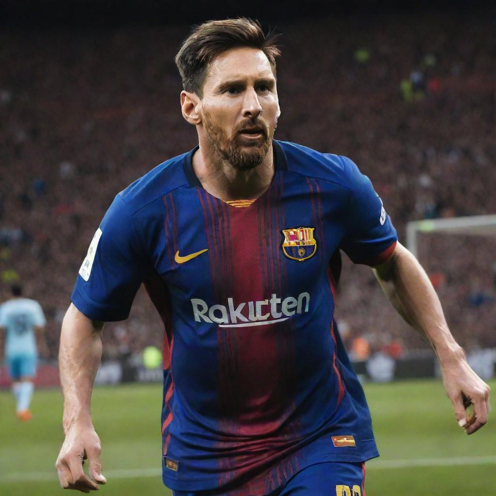 A photorealistic portrait of Lionel Messi, the world-renowned footballer, in action on the field, sporting his iconic Barcelona jersey