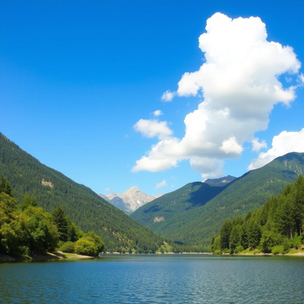 A beautiful landscape featuring a serene lake surrounded by lush green trees and mountains in the background