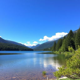 A beautiful landscape featuring a serene lake surrounded by lush green trees and mountains in the background