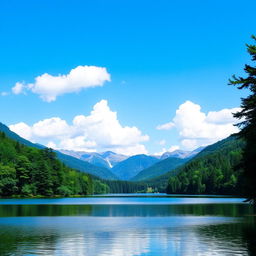 A beautiful landscape featuring a serene lake surrounded by lush green trees and mountains in the background