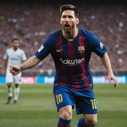 A photorealistic portrait of Lionel Messi, the world-renowned footballer, in action on the field, sporting his iconic Barcelona jersey