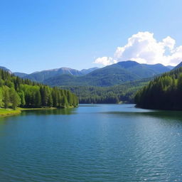 A beautiful landscape featuring a serene lake surrounded by lush green trees and mountains in the background