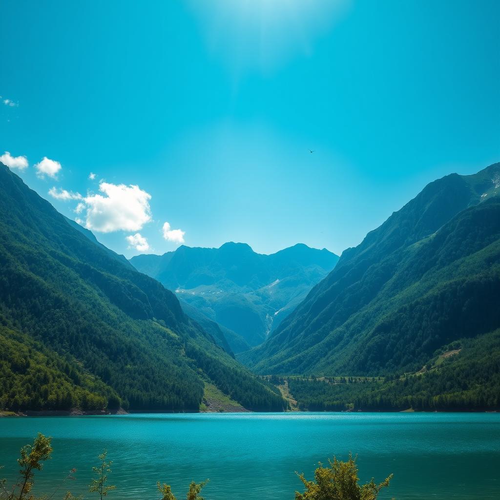 A beautiful and serene landscape featuring a clear blue lake surrounded by lush green mountains under a bright, sunny sky