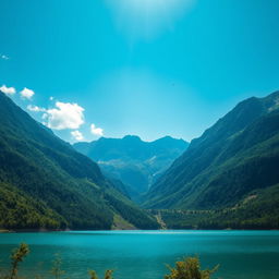 A beautiful and serene landscape featuring a clear blue lake surrounded by lush green mountains under a bright, sunny sky