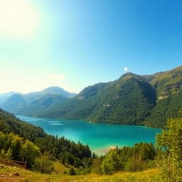 A beautiful and serene landscape featuring a clear blue lake surrounded by lush green mountains under a bright, sunny sky