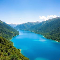 A beautiful and serene landscape featuring a clear blue lake surrounded by lush green mountains under a bright, sunny sky