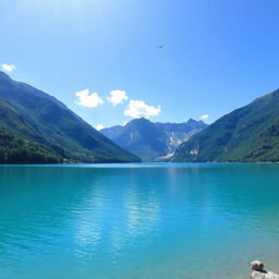 A beautiful and serene landscape featuring a clear blue lake surrounded by lush green mountains under a bright, sunny sky