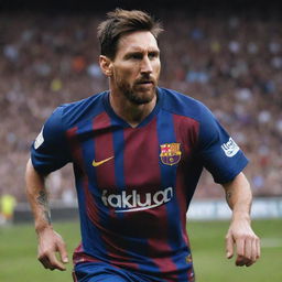 A photorealistic portrait of Lionel Messi, the world-renowned footballer, in action on the field, sporting his iconic Barcelona jersey