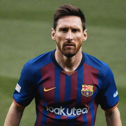 A photorealistic portrait of Lionel Messi, the world-renowned footballer, in action on the field, sporting his iconic Barcelona jersey