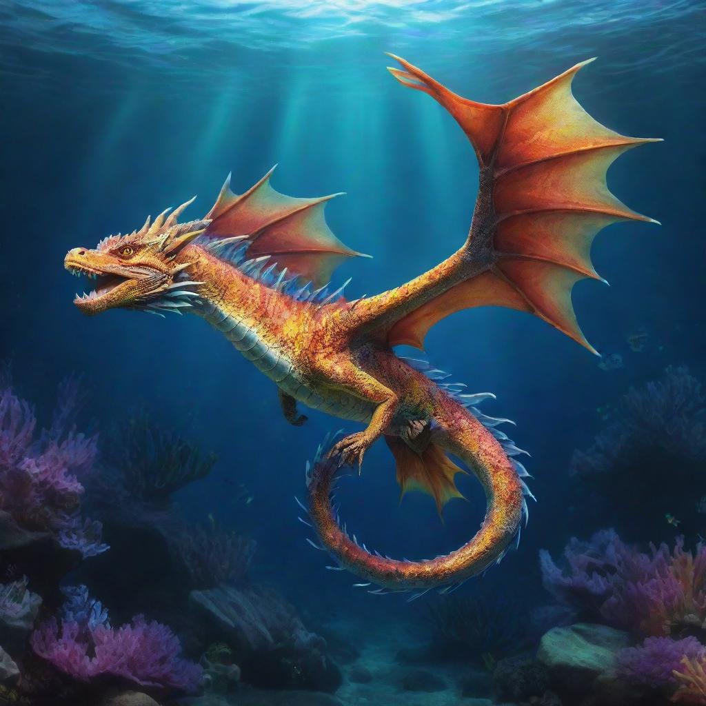 A mythical creature, half fish and half dragon. Having vibrant scales, dragon-like claws and majestic fins, it waves through an enchanted underwater kingdom.