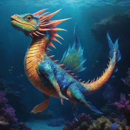 A mythical creature, half fish and half dragon. Having vibrant scales, dragon-like claws and majestic fins, it waves through an enchanted underwater kingdom.