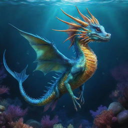 A mythical creature, half fish and half dragon. Having vibrant scales, dragon-like claws and majestic fins, it waves through an enchanted underwater kingdom.