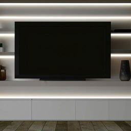 A stylish and modern television showcase integrated into a 6x6 wall. Should include shelving and lighting features