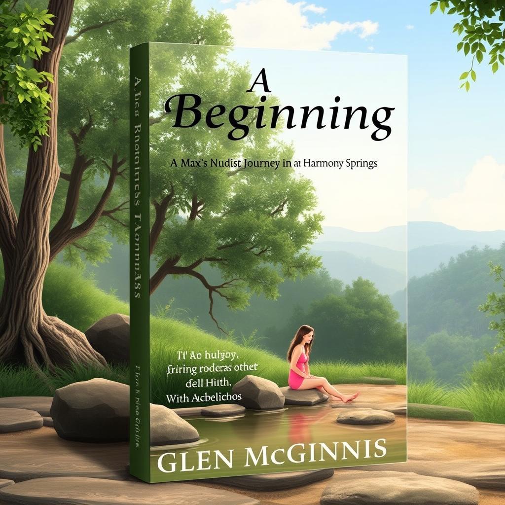 A book cover for 'A New Beginning: Max's Nudist Journey in Harmony Springs' by Glen McGinnis