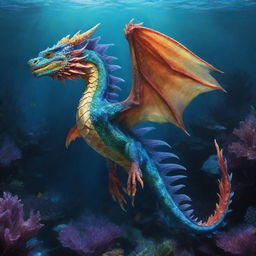 A mythical creature, half fish and half dragon. Having vibrant scales, dragon-like claws and majestic fins, it waves through an enchanted underwater kingdom.