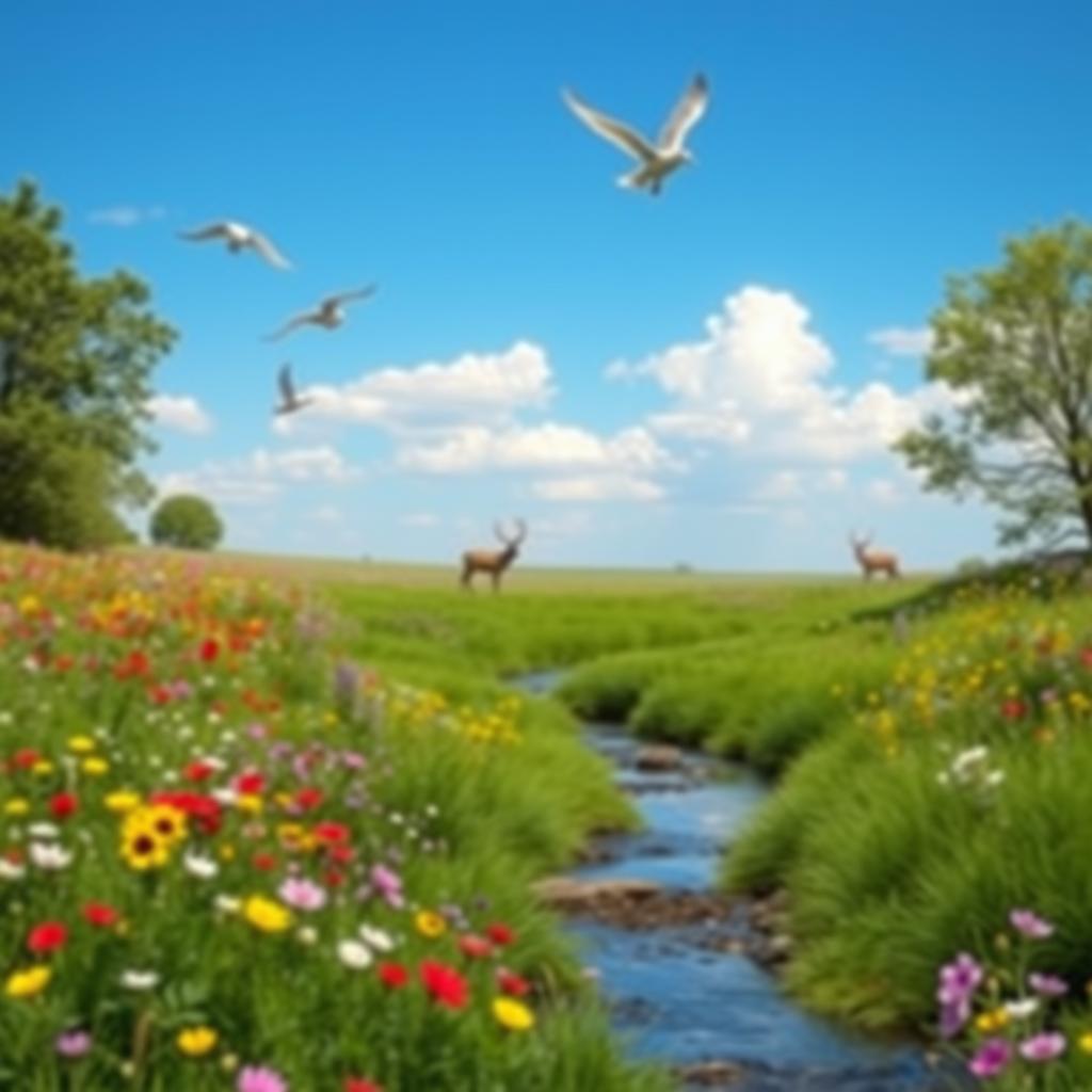 A peaceful meadow with colorful flowers, a clear blue sky, and a gentle stream flowing through it