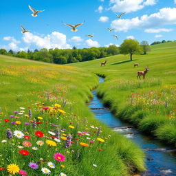 A peaceful meadow with colorful flowers, a clear blue sky, and a gentle stream flowing through it