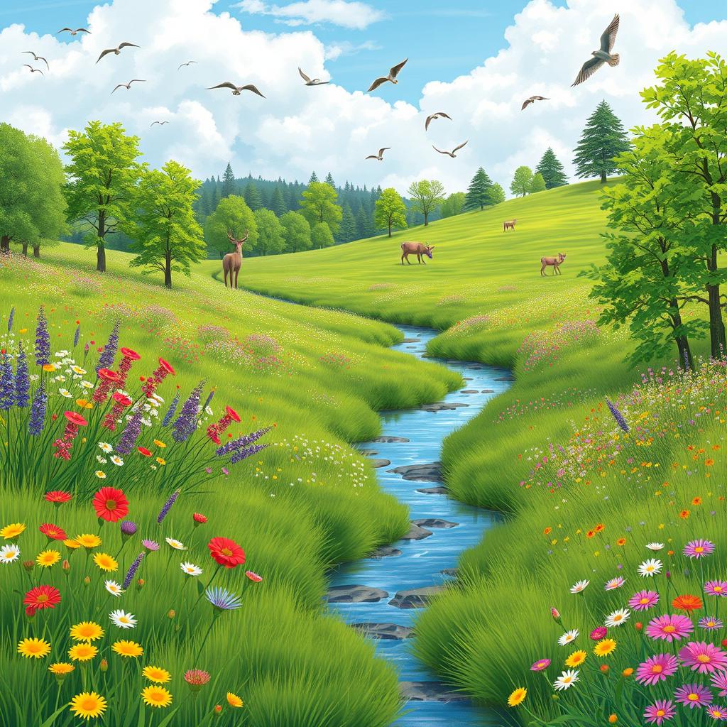 A peaceful meadow with colorful flowers, a clear blue sky, and a gentle stream flowing through it