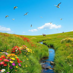 A peaceful meadow with colorful flowers, a clear blue sky, and a gentle stream flowing through it