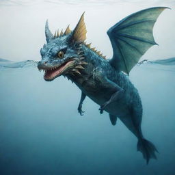 A mythical creature, a fusion of a catfish and a dragon. This unique beast has the whiskered face of a catfish and the scaly, winged body of a dragon, swimming playfully in a mystical aquatic realm.