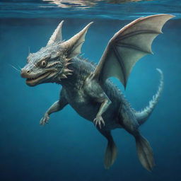 A mythical creature, a fusion of a catfish and a dragon. This unique beast has the whiskered face of a catfish and the scaly, winged body of a dragon, swimming playfully in a mystical aquatic realm.