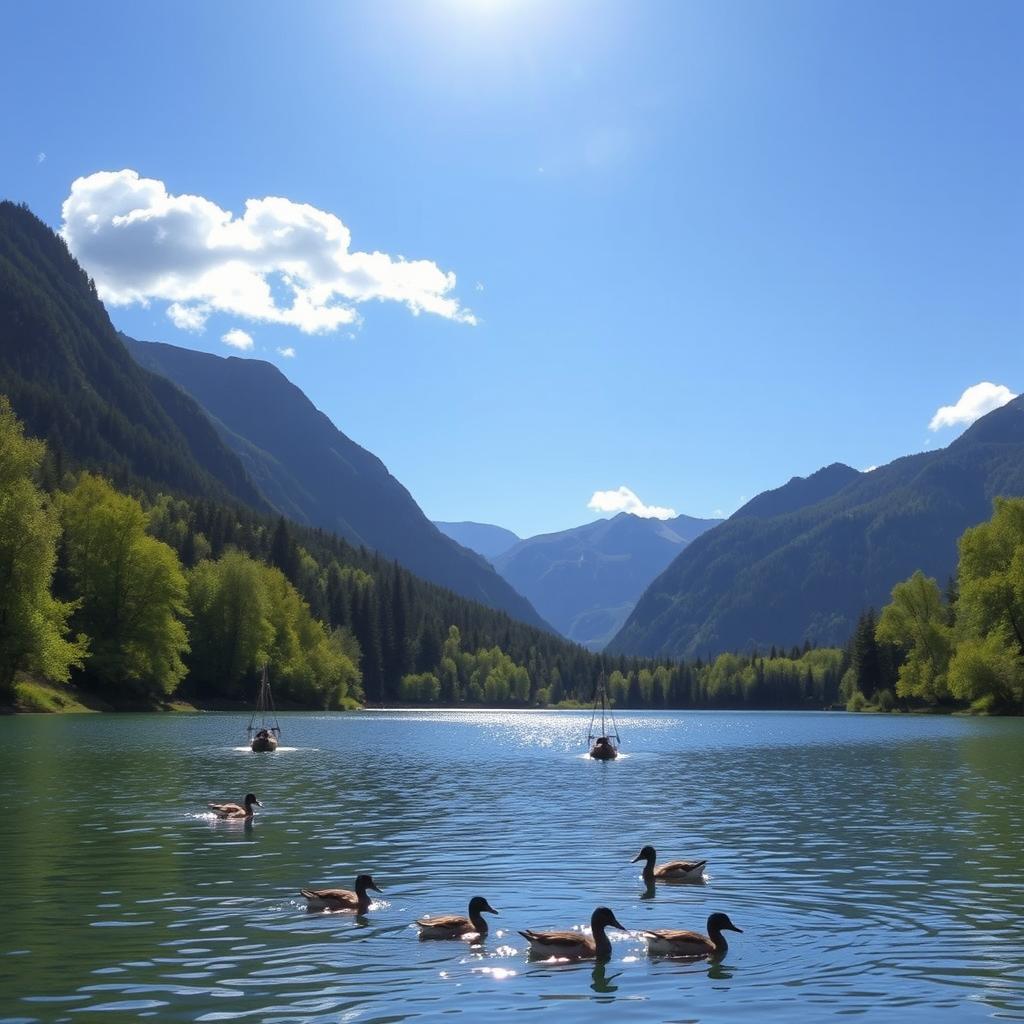 A beautiful landscape featuring a serene lake surrounded by lush green trees and majestic mountains in the background