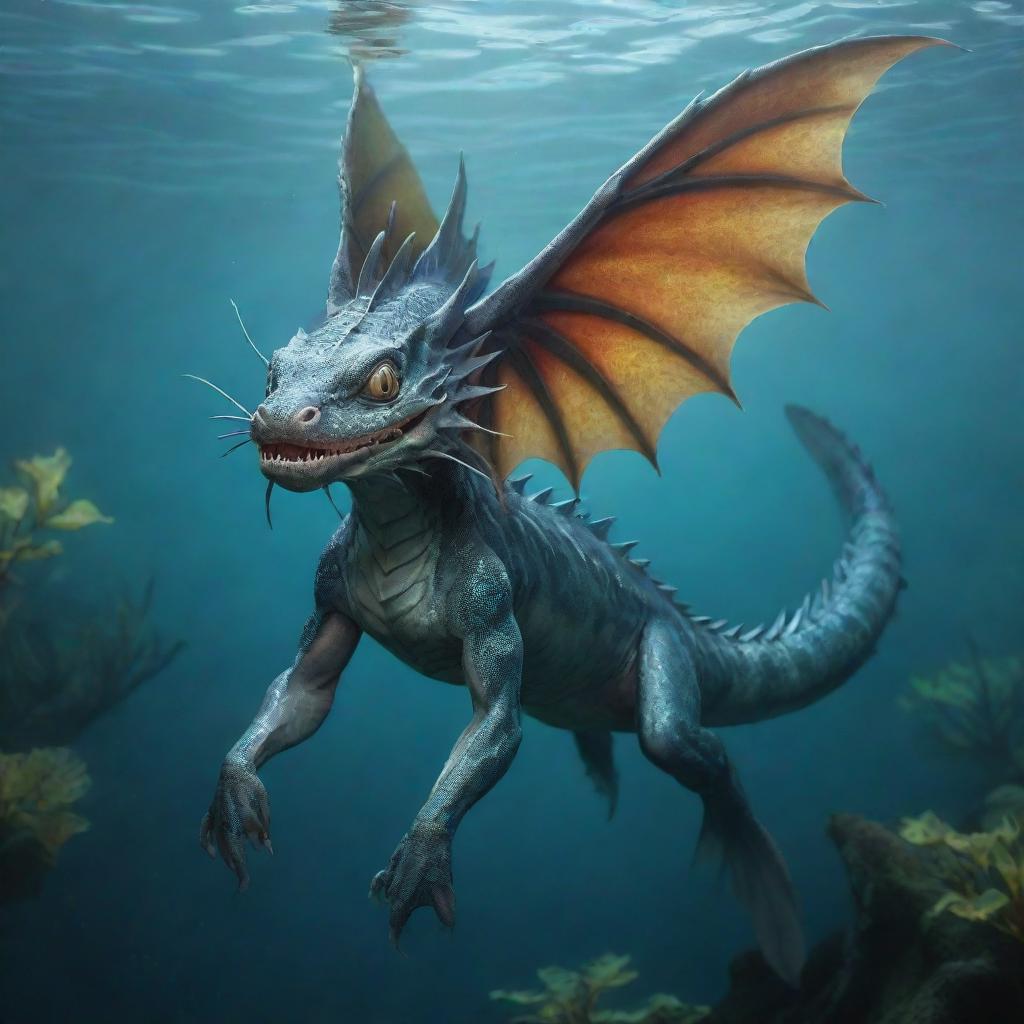 A mythical creature, a fusion of a catfish and a dragon. This unique beast has the whiskered face of a catfish and the scaly, winged body of a dragon, swimming playfully in a mystical aquatic realm.