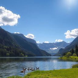 A beautiful landscape featuring a serene lake surrounded by lush green trees and majestic mountains in the background