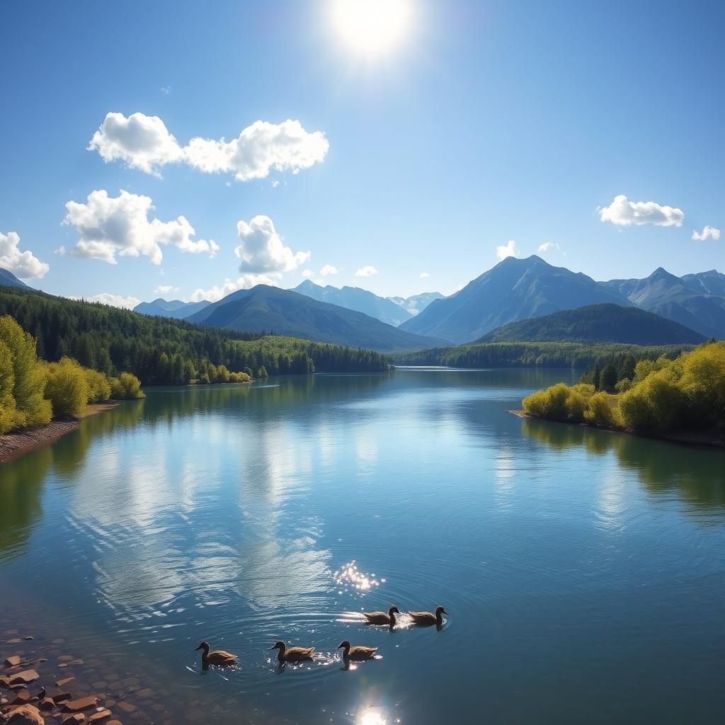 A beautiful landscape featuring a serene lake surrounded by lush green trees and majestic mountains in the background