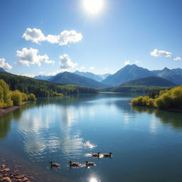 A beautiful landscape featuring a serene lake surrounded by lush green trees and majestic mountains in the background