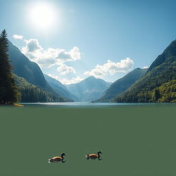 A beautiful landscape featuring a serene lake surrounded by lush green trees and majestic mountains in the background