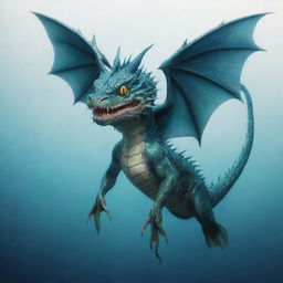 A mythical creature, a fusion of a catfish and a dragon. This unique beast has the whiskered face of a catfish and the scaly, winged body of a dragon, swimming playfully in a mystical aquatic realm.