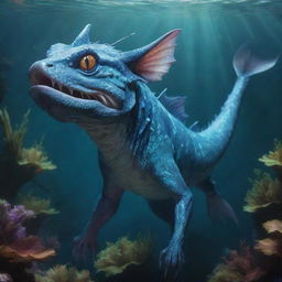 A unique mythical creature, a fusion of a catfish and a dragon, possessing neither arms nor legs. The creature boasts a catfish's whiskered face, vibrant scales, and a dragon's wingless and limbless body, making its home in a magical underwater kingdom.