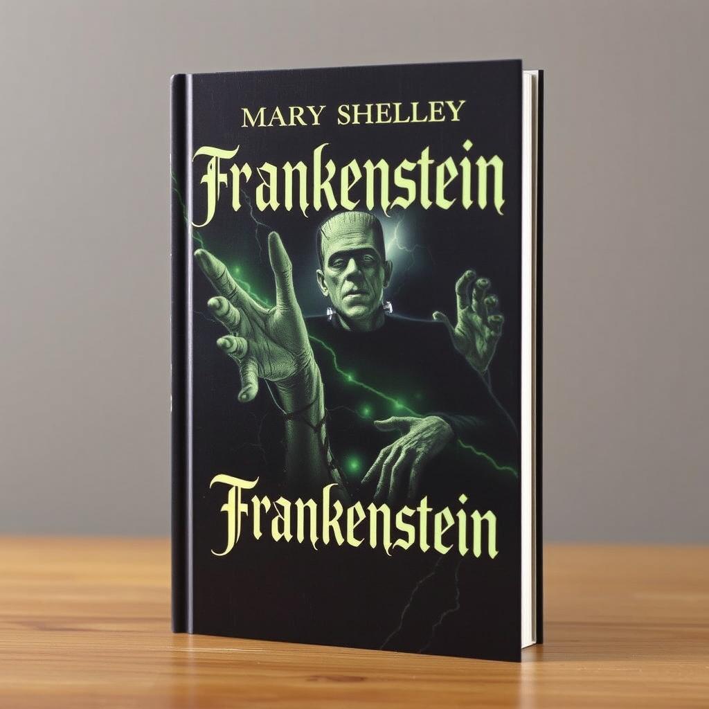 A captivating book cover for Mary Shelley's 'Frankenstein' featuring a dark, gothic atmosphere