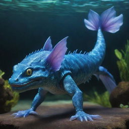 A unique mythical creature, a fusion of a catfish and a dragon, possessing neither arms nor legs. The creature boasts a catfish's whiskered face, vibrant scales, and a dragon's wingless and limbless body, making its home in a magical underwater kingdom.