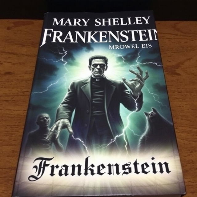 A captivating book cover for Mary Shelley's 'Frankenstein' featuring a dark, gothic atmosphere