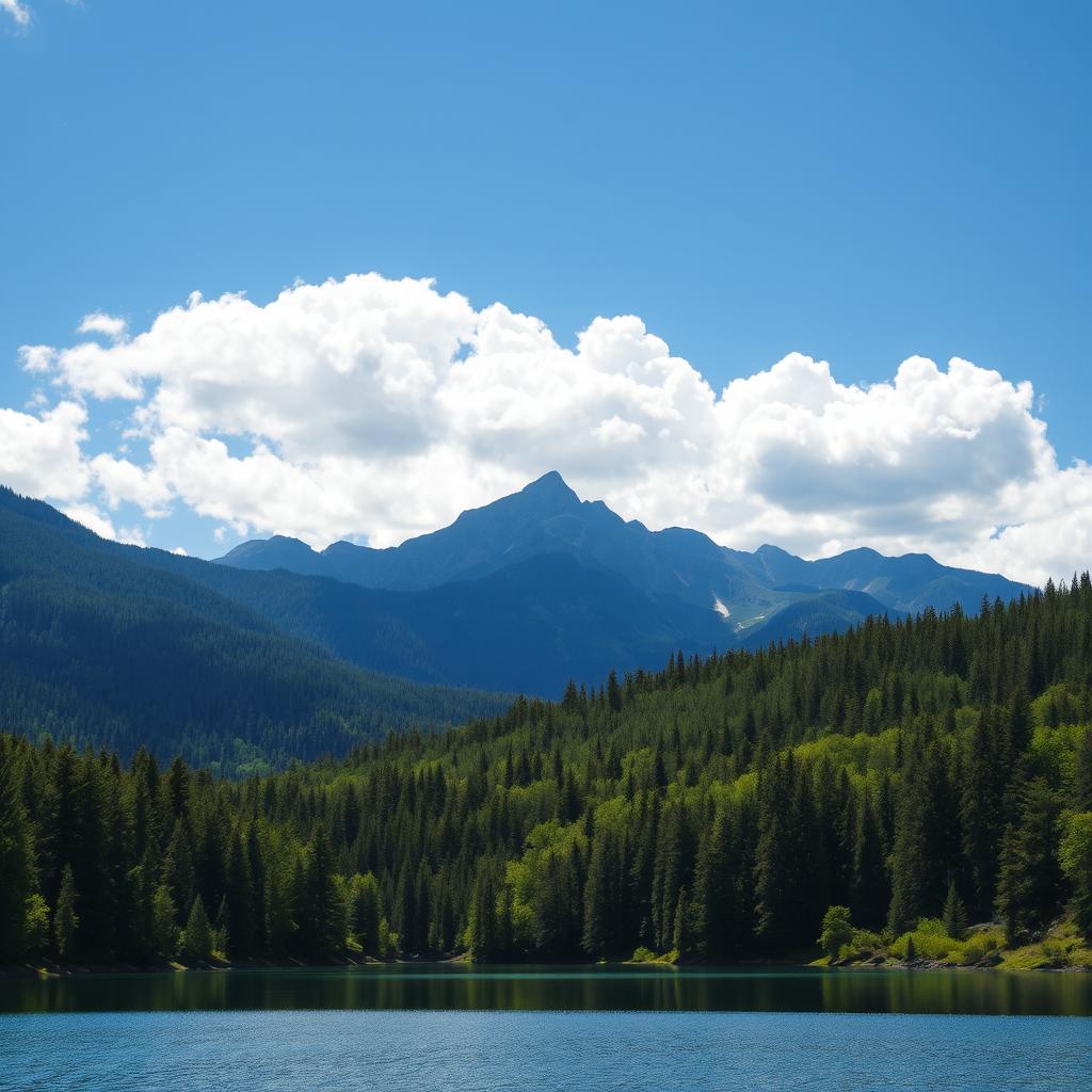 A serene landscape featuring a clear blue lake surrounded by lush green forests, with a majestic mountain range in the background under a bright blue sky with fluffy white clouds