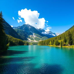 A serene landscape featuring a clear blue lake surrounded by lush green forests, with a majestic mountain range in the background under a bright blue sky with fluffy white clouds